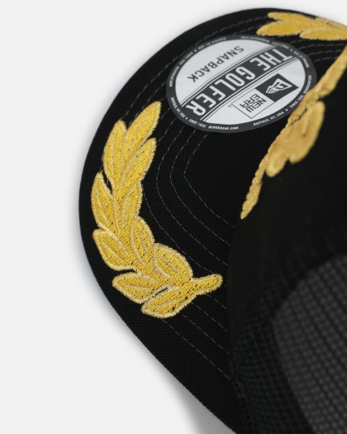 New Era Atlanta Braves 'Podium Pack' Pre-Curved Golfer Trucker Snapback Black/Metallic Gold