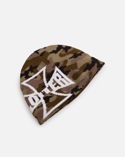 Loiter Motor Skull Knit Beanie Woodland Camo