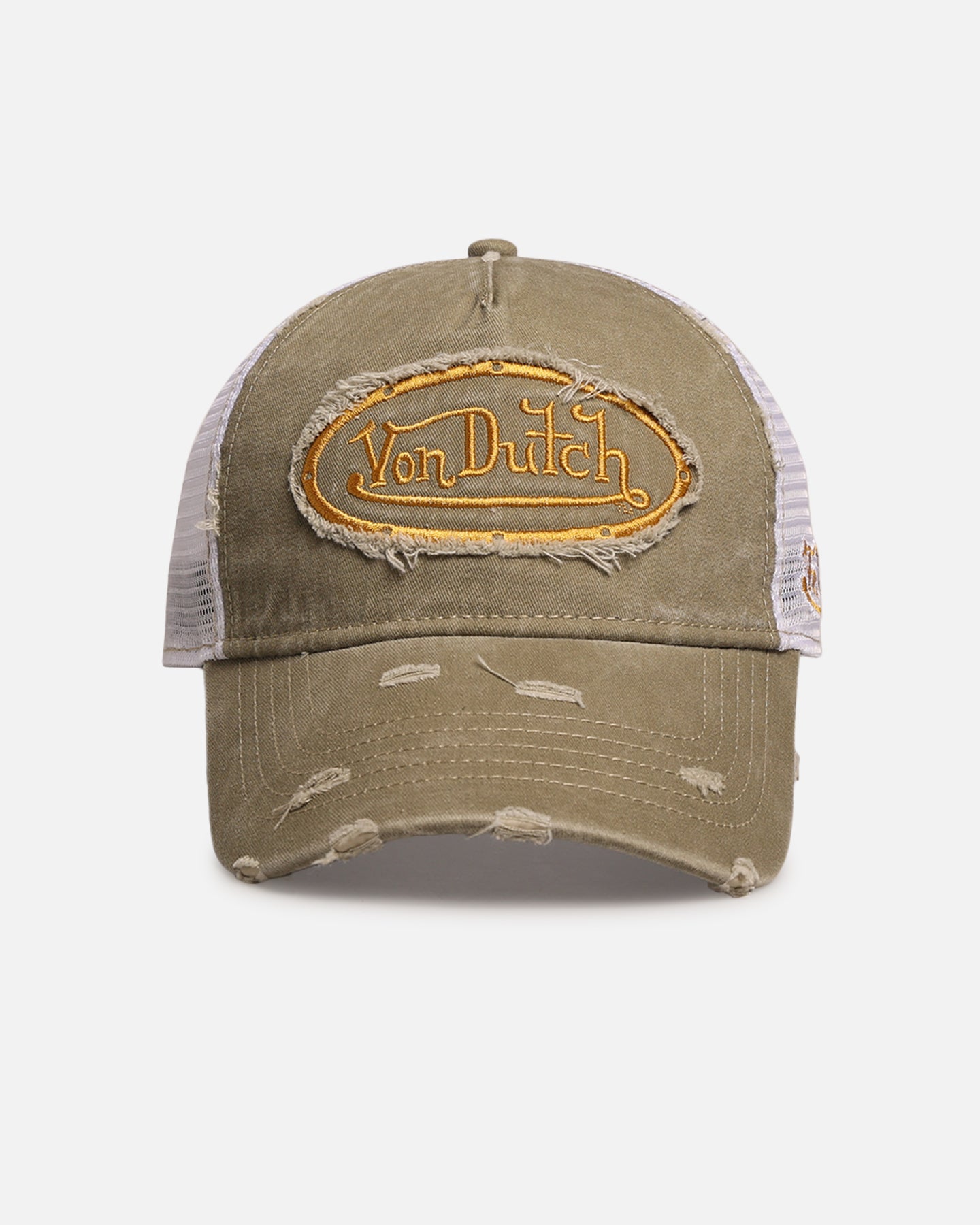 Von Dutch Destroyed Twill Trucker Snapback Washed Khaki | Culture