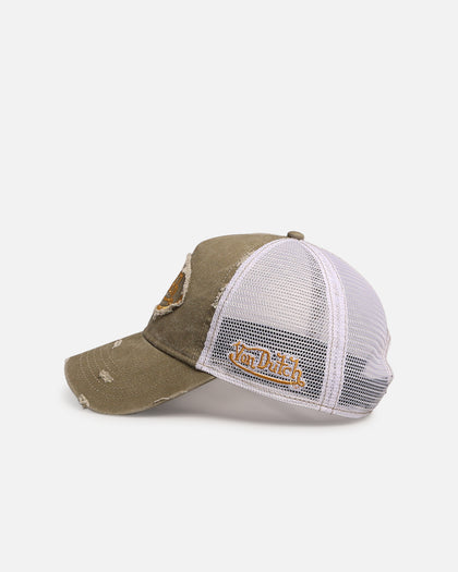 Von Dutch Destroyed Twill Trucker Snapback Washed Khaki