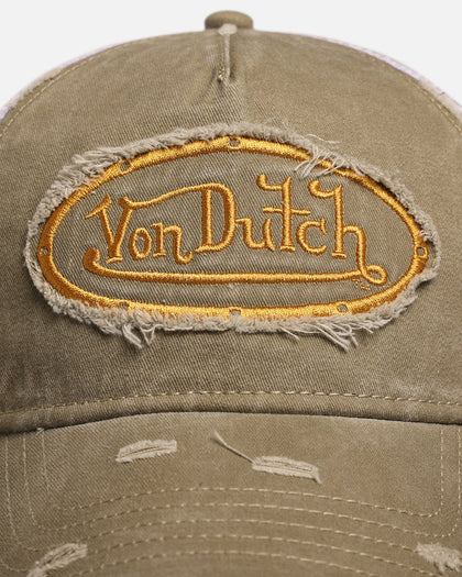 Von Dutch Destroyed Twill Trucker Snapback Washed Khaki
