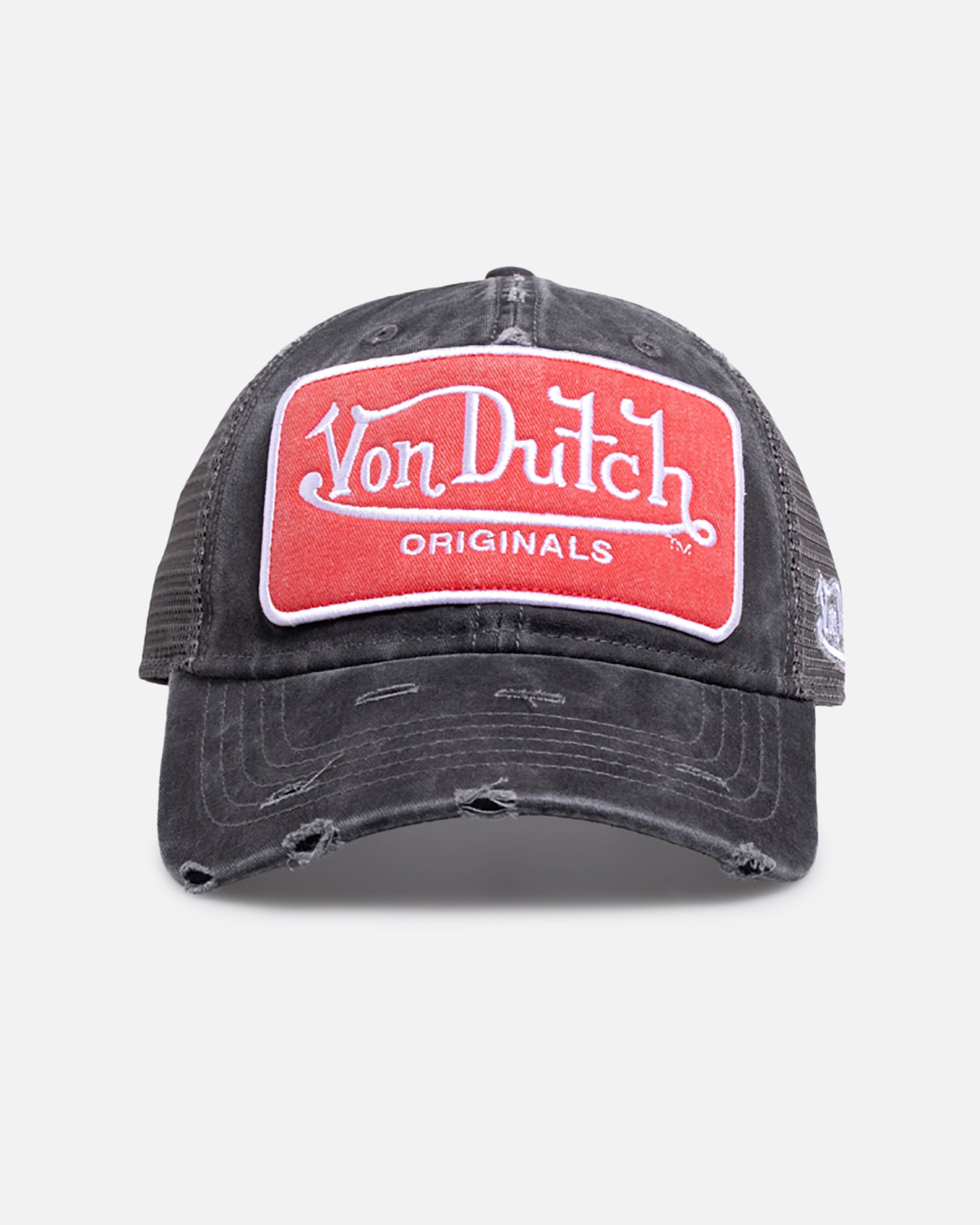 Von Dutch × darcsport コラボ　グレー ダメージキャップ Von Dutch Distressed Old Originals Trucker Snapback Black/Grey