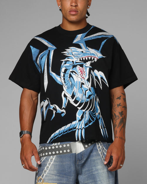 Loiter X Yu-Gi-Oh! Blue Eyes White Dragon Rhinestone T-Shirt Black