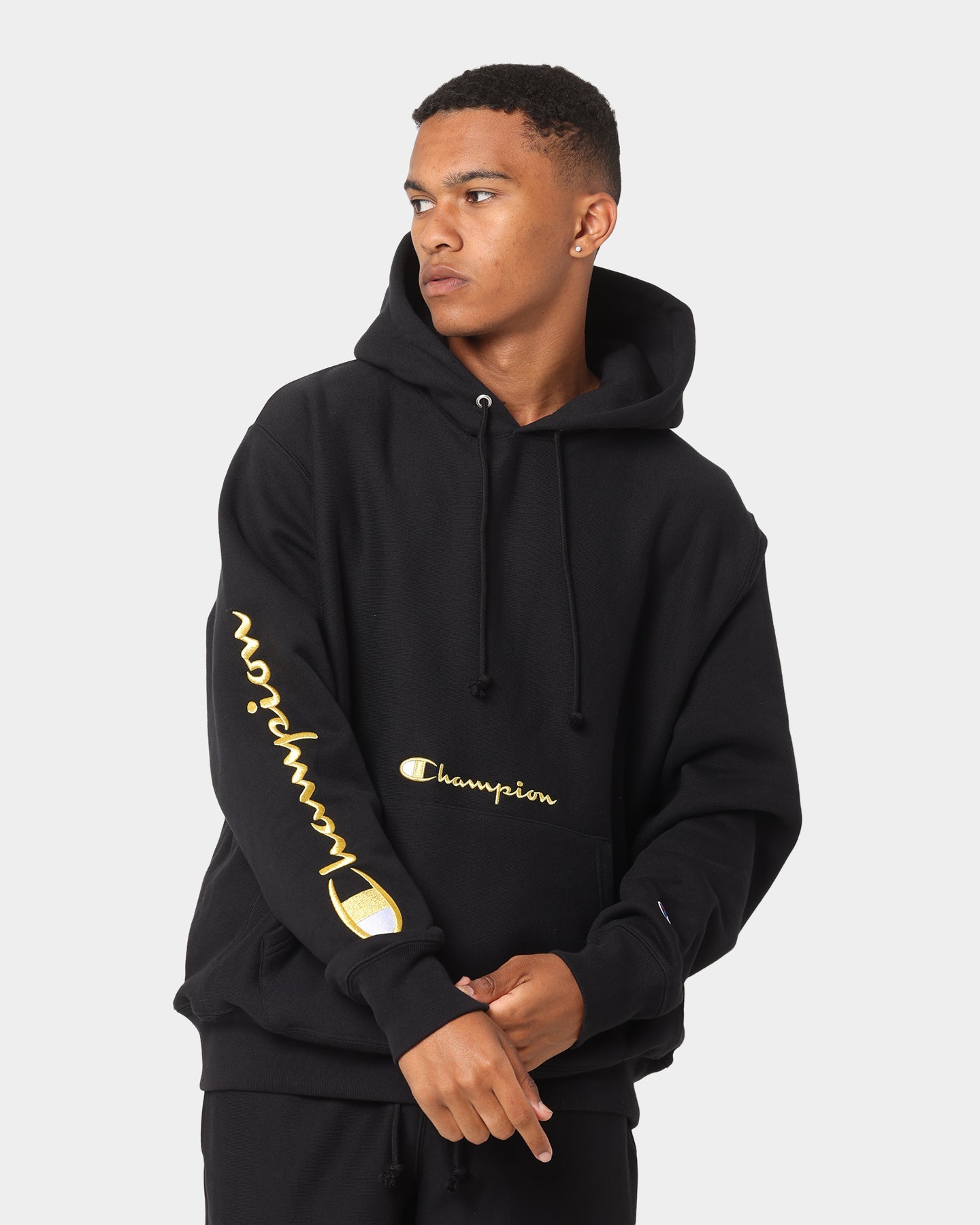 Champion Men's Reverse Weave Script Hood Black/Gold | Culture Kings US