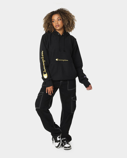 Champion Men's Rev Weave Script Hoodie Black/Gold