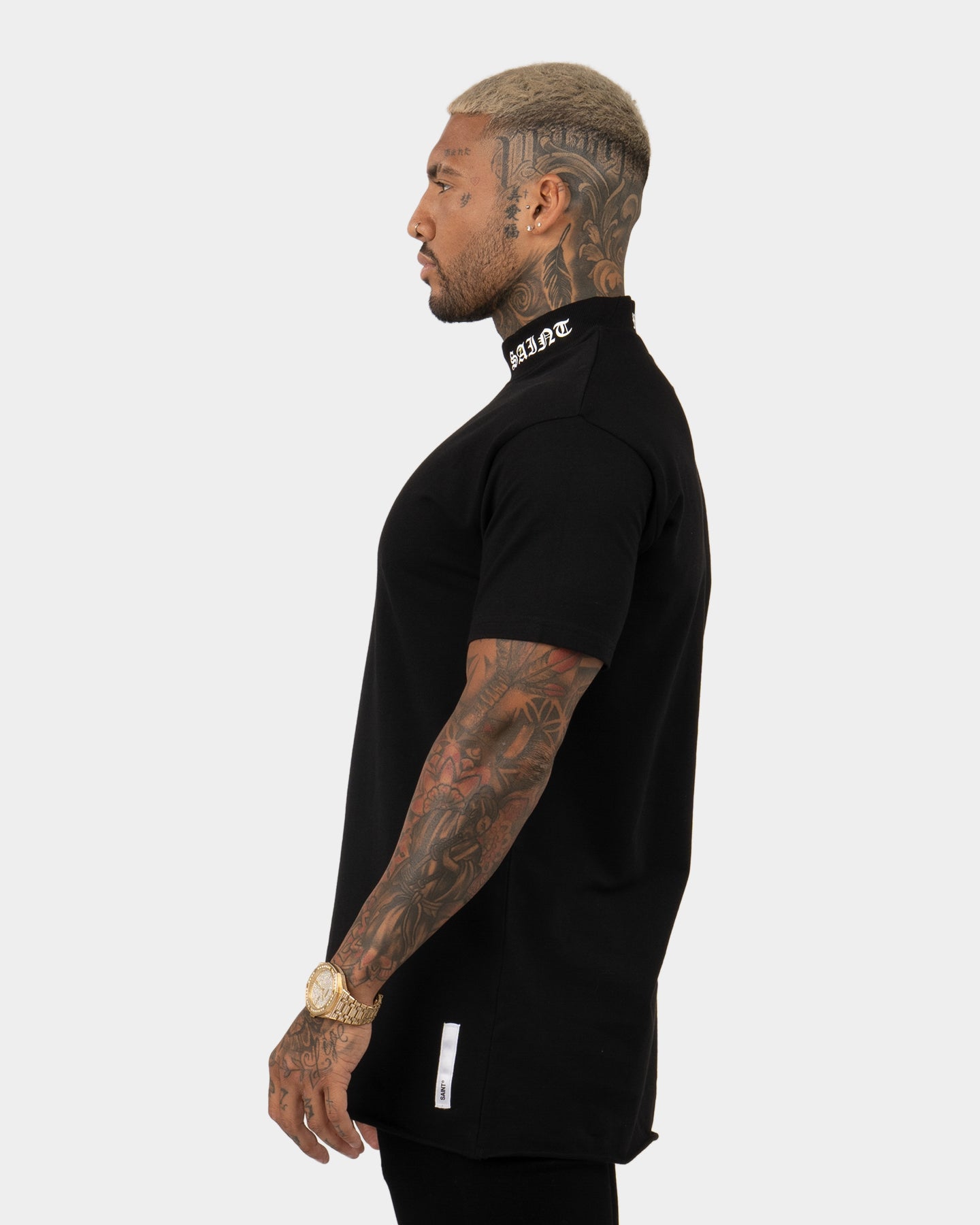 Saint Morta Old English Mock Neck T-Shirt Black/White | Culture
