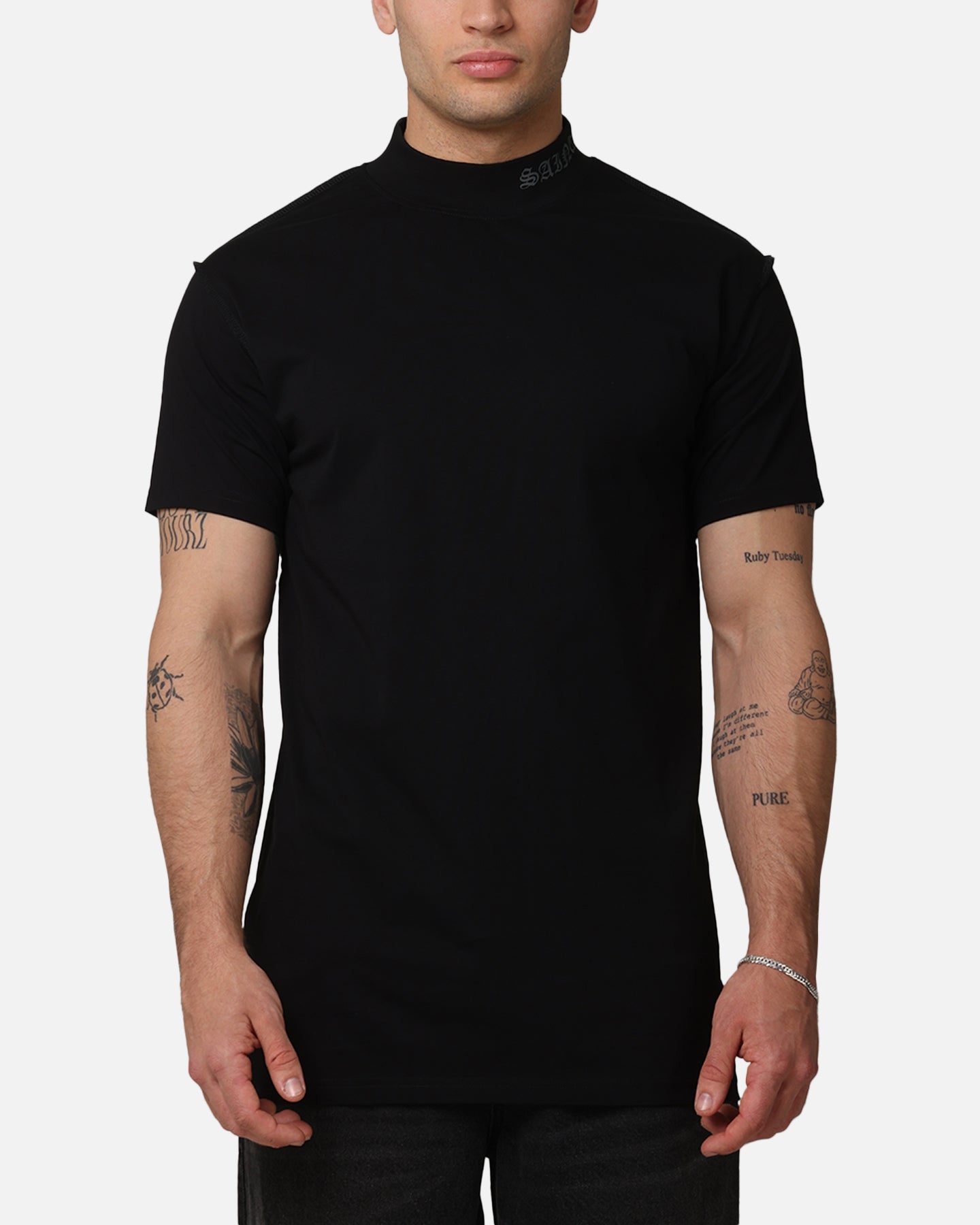 Saint Morta Old English Mock Neck T-Shirt Black/Black | Culture