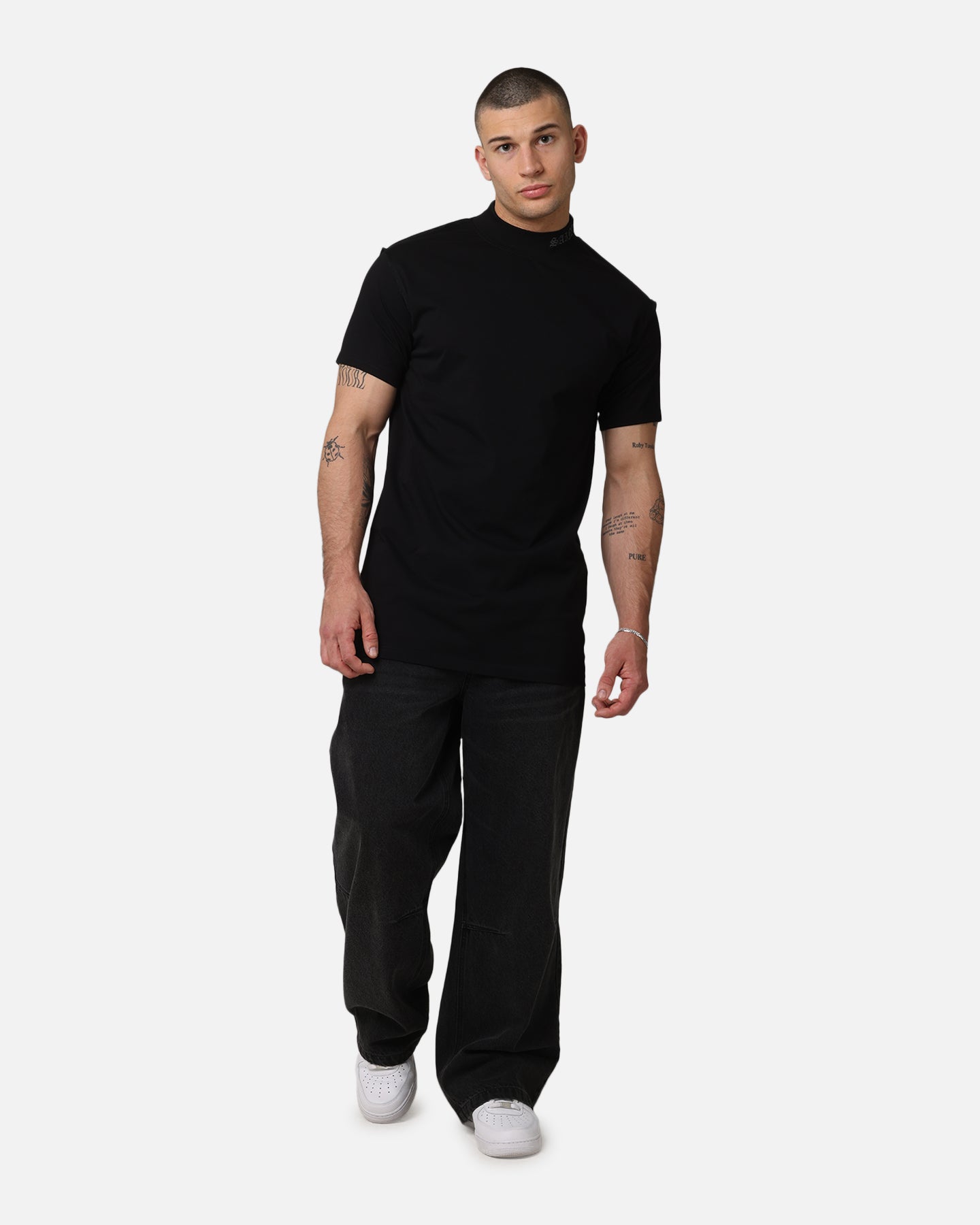 Saint Morta Old English Mock Neck T-Shirt Black/Black | Culture