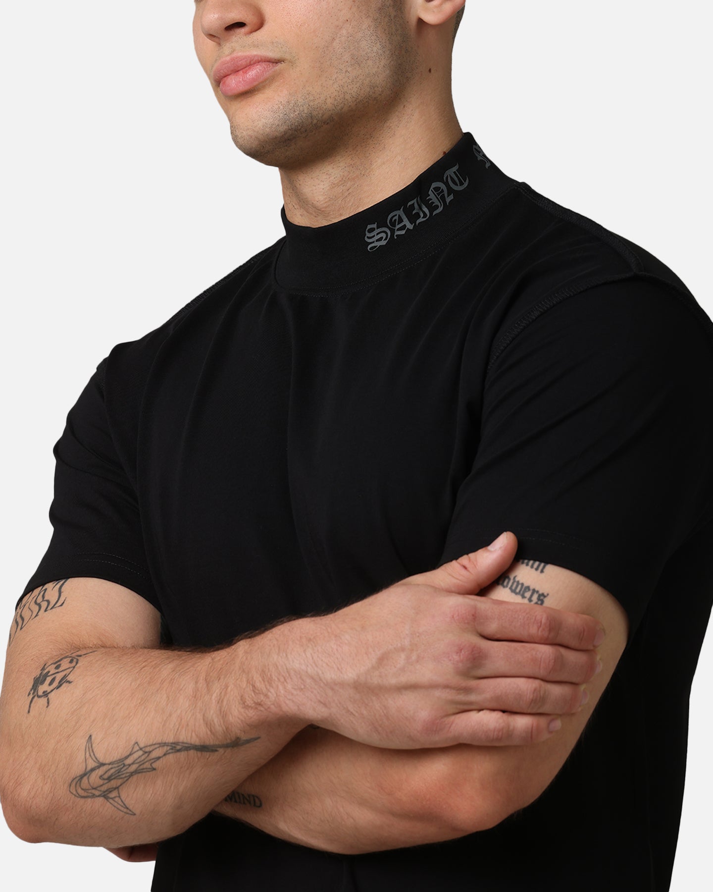 Saint Morta Old English Mock Neck T-Shirt Black/Black | Culture