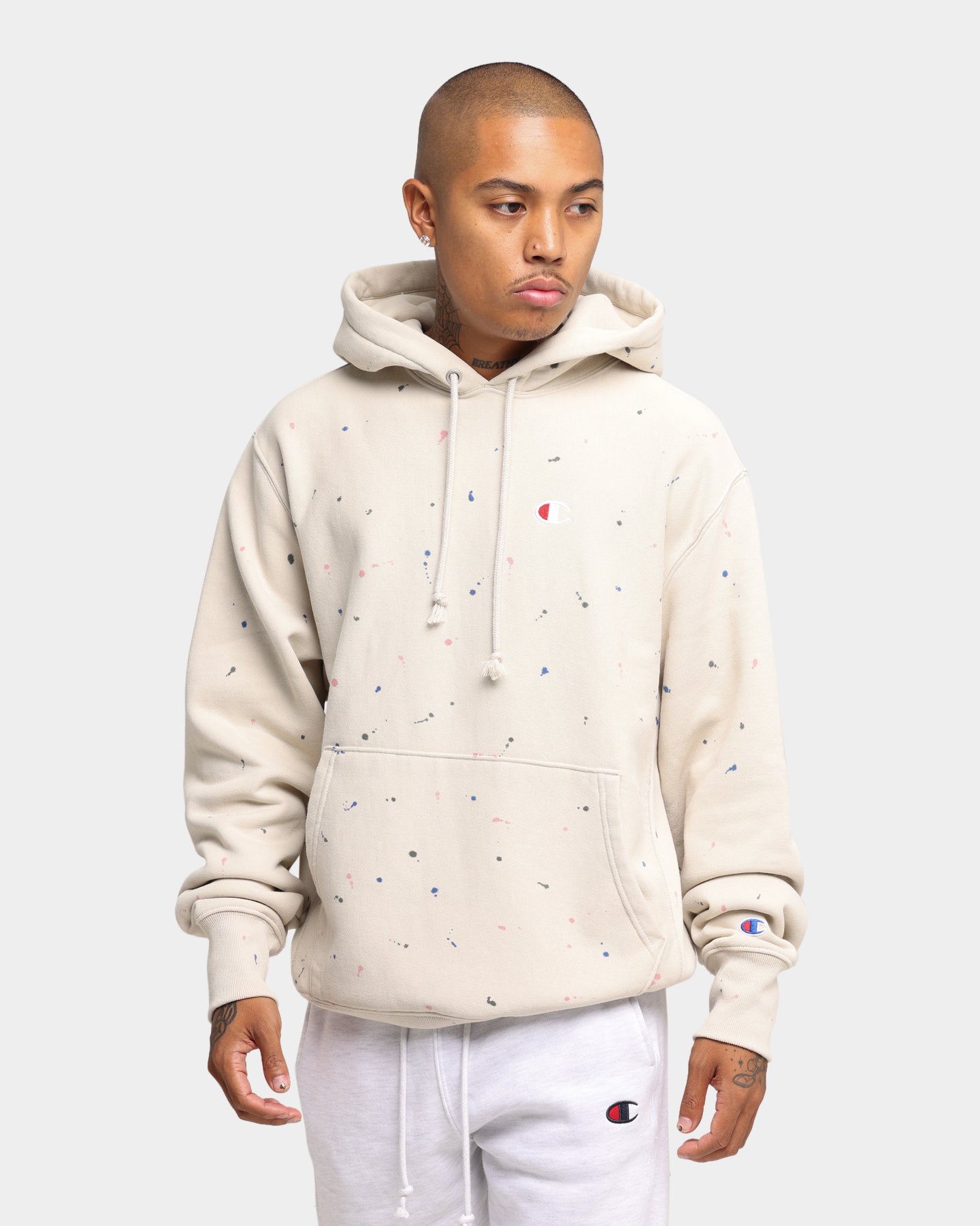 STONE  ホワイトワッペングラデーションパーカー L Champion Rev Weave Paint Splatter Hoodie Pebblestone | Culture