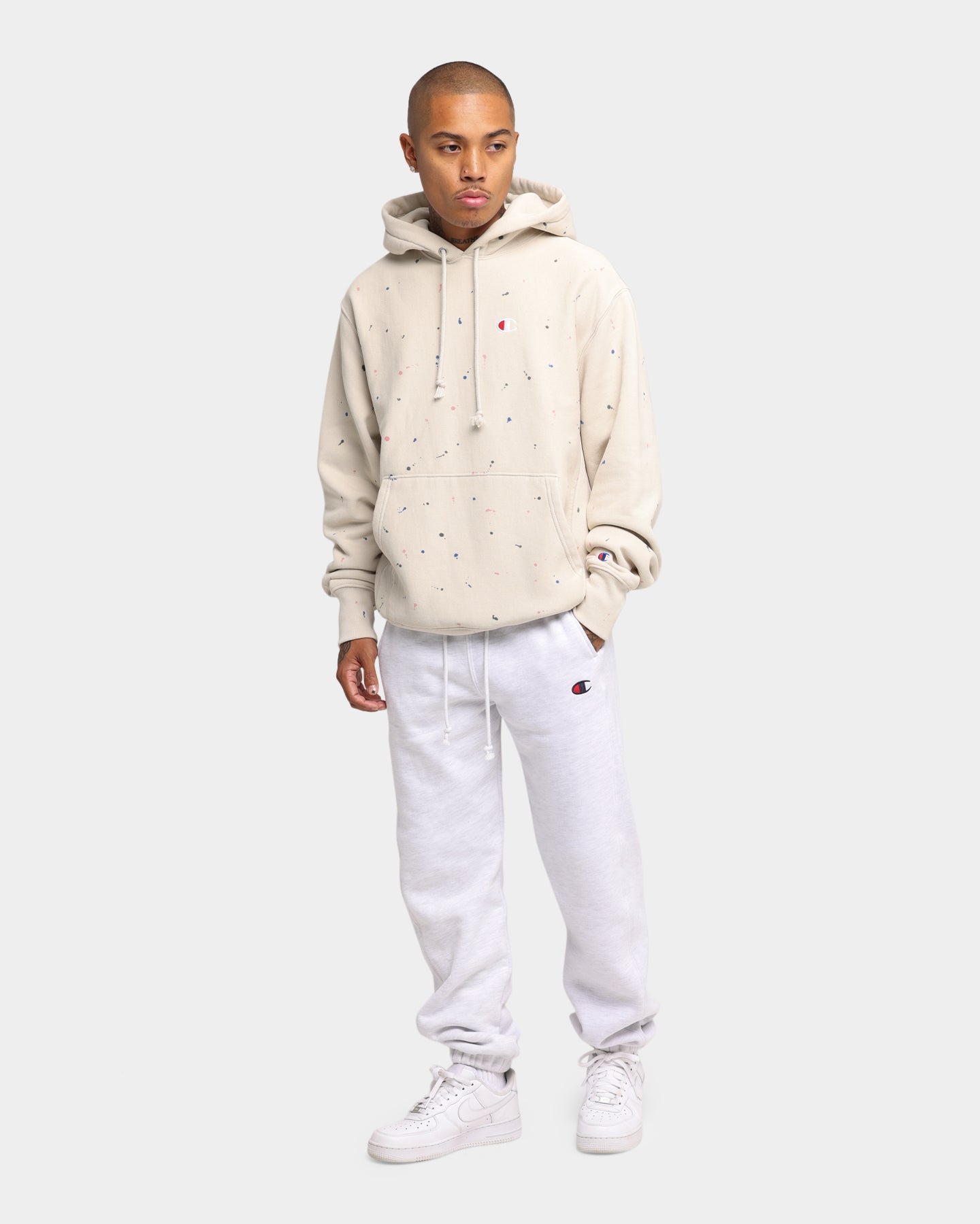Champion Rev Weave Paint Splatter Hoodie Pebblestone | Culture