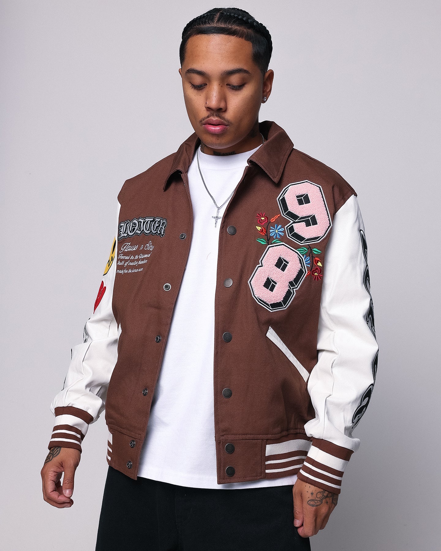 Loiter Flaws Varsity Jacket Brown/Off White | Culture Kings US