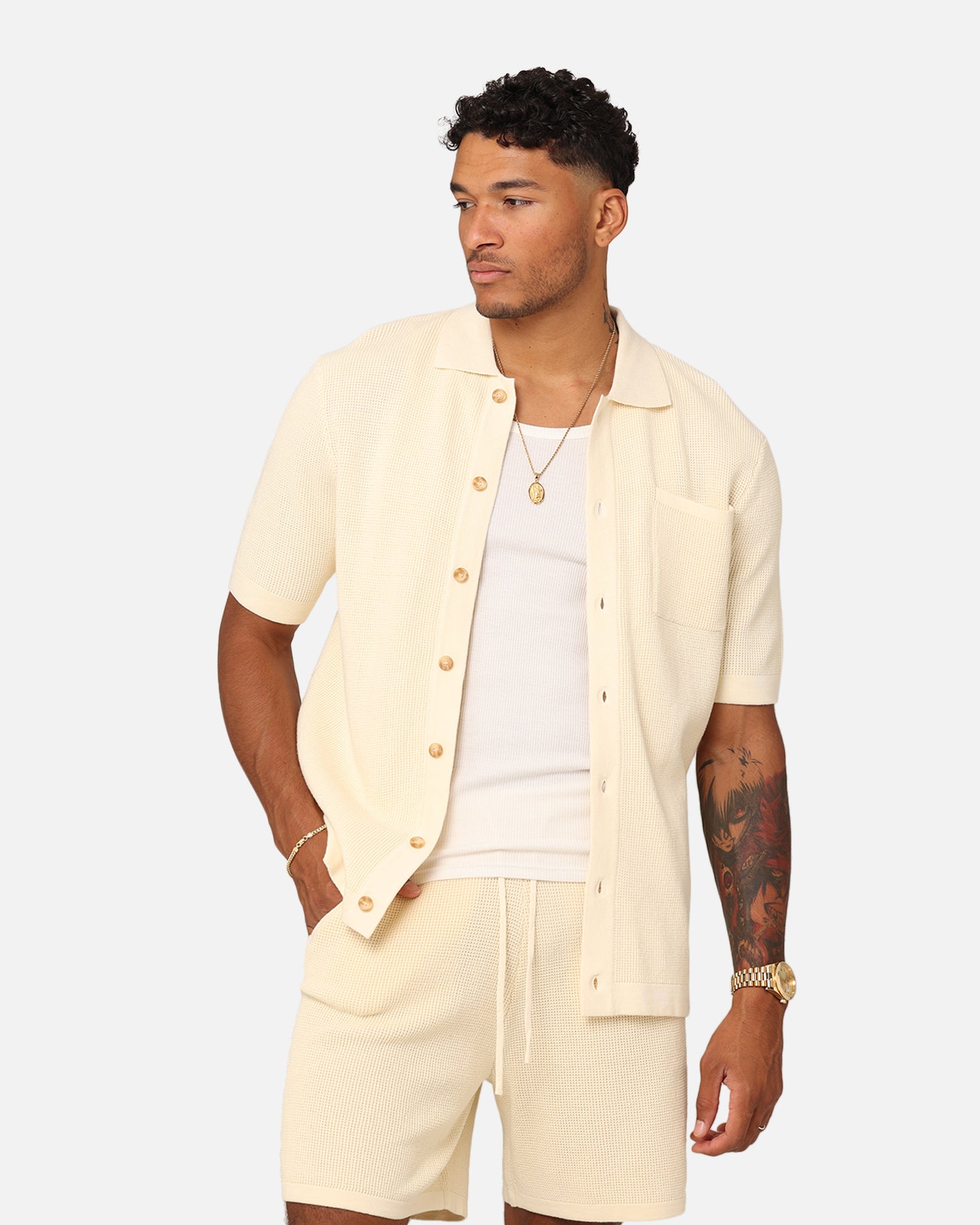 XXIII Zyair Knit Rib Button Up Shirt Cream | Culture Kings US