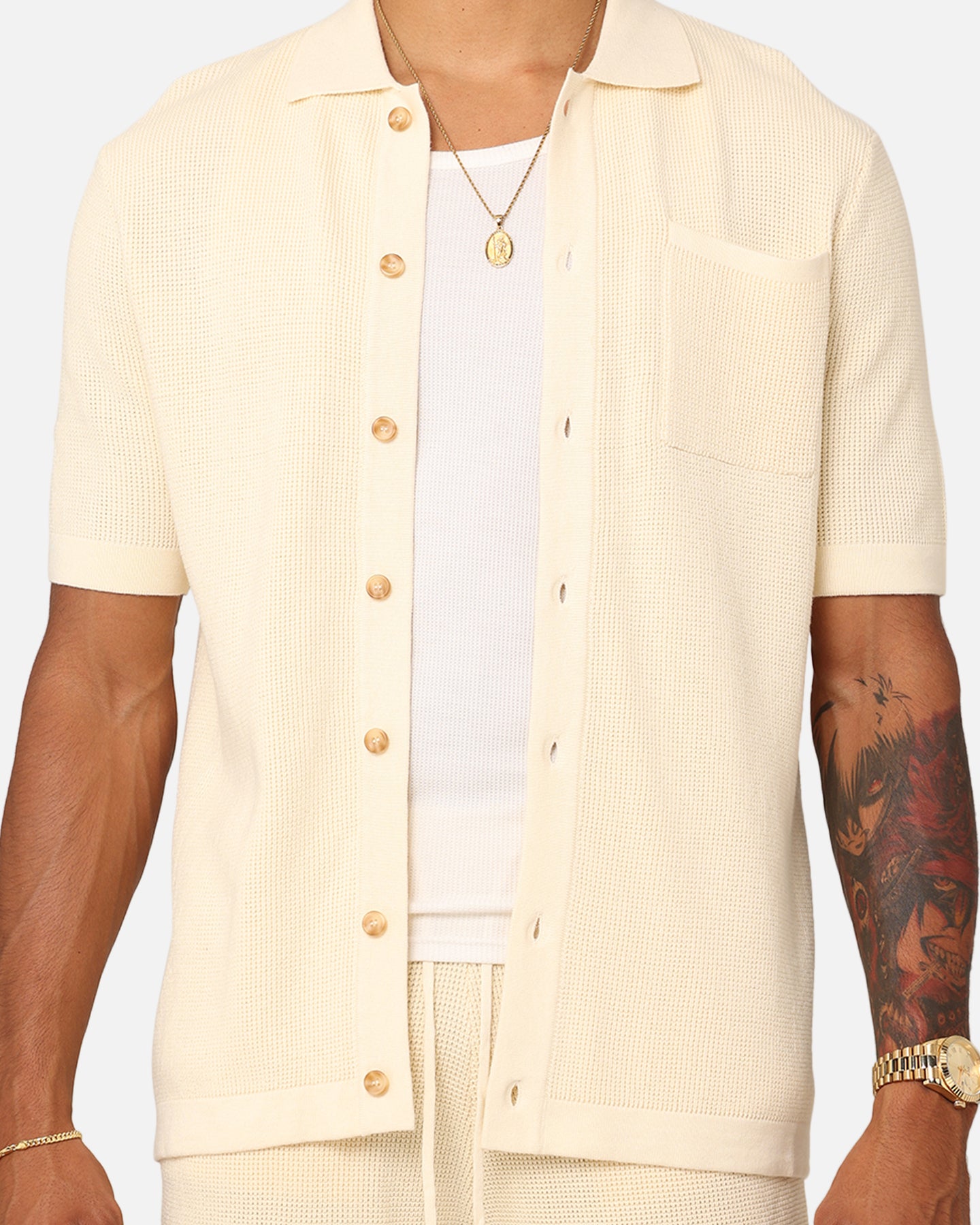 XXIII Zyair Knit Rib Button Up Shirt Cream | Culture Kings US