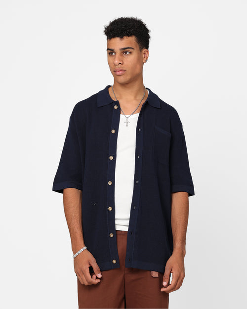 XXIII Zyair Knit Rib Button Up Shirt Navy