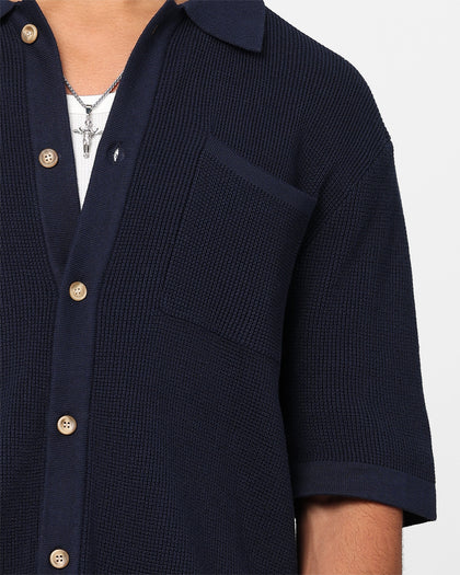 XXIII Zyair Knit Rib Button Up Shirt Navy