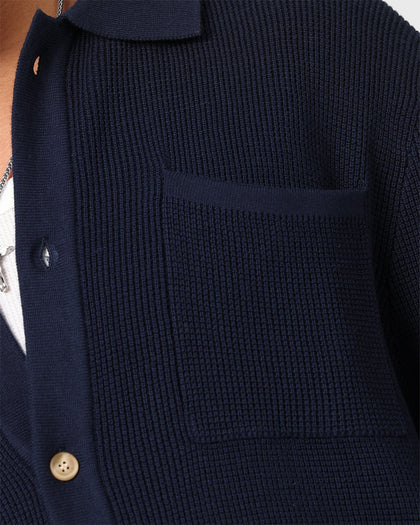 XXIII Zyair Knit Rib Button Up Shirt Navy