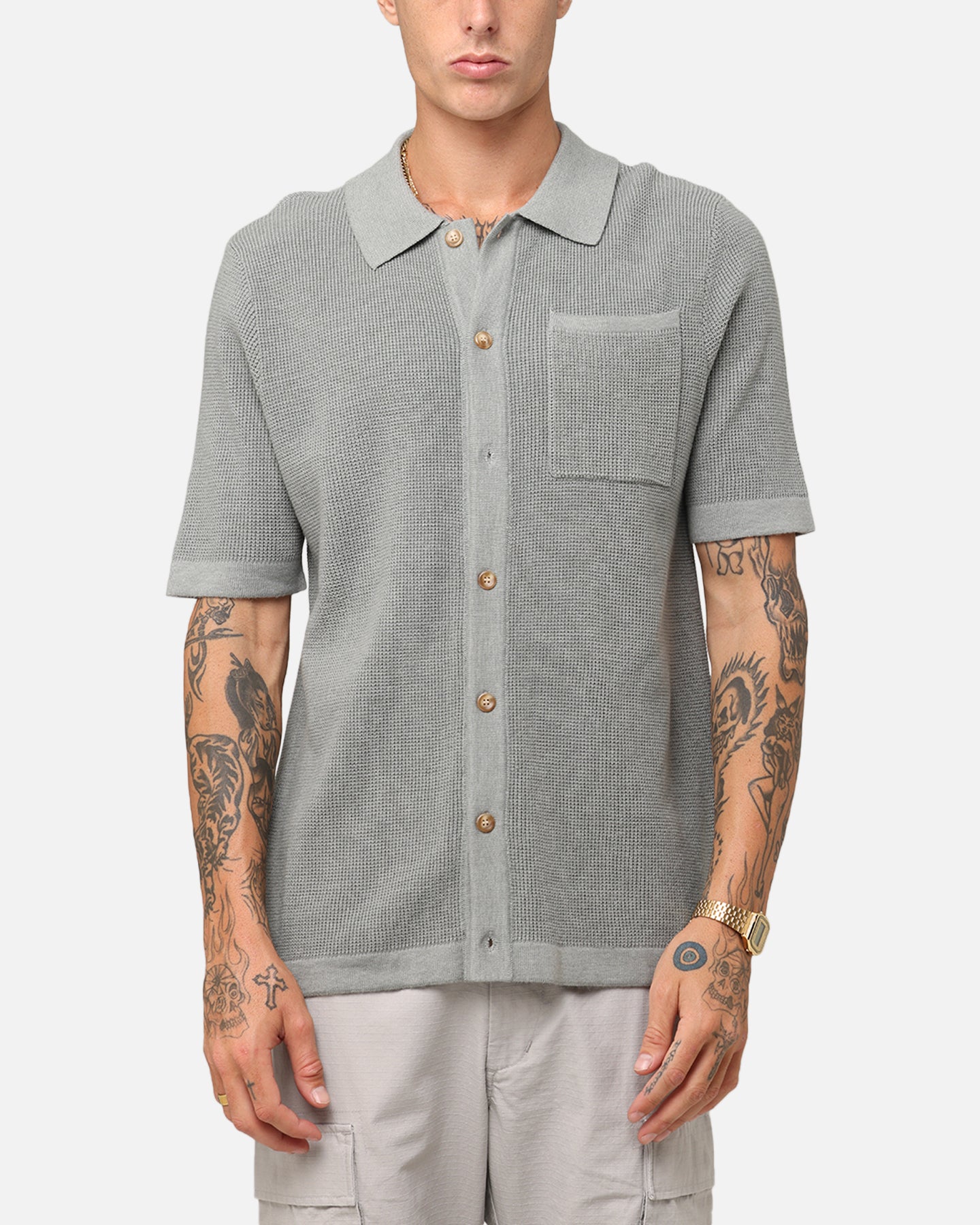 XXIII Zyair Knit Rib Button Up Shirt Olive | Culture Kings US