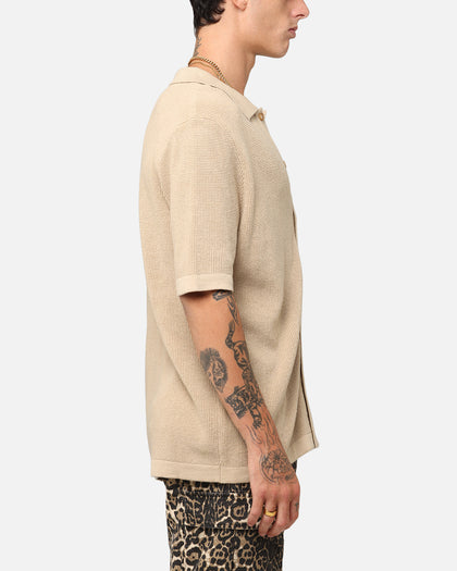 XXIII Zyair Knit Rib Button Up Shirt Tan