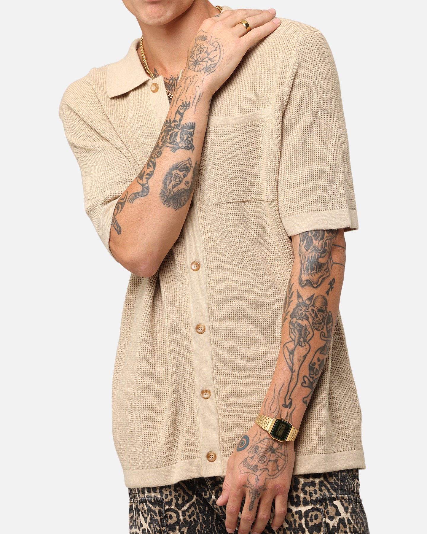 XXIII Zyair Knit Rib Button Up Shirt Tan | Culture Kings US