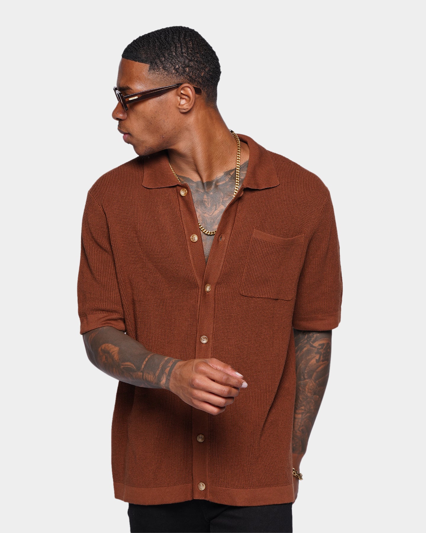 XXIII Zyair Knit Rib Button Up Shirt Brown | Culture Kings US