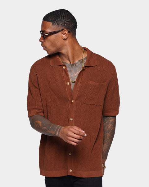 XXIII Zyair Knit Rib Button Up Shirt Brown | Culture Kings US