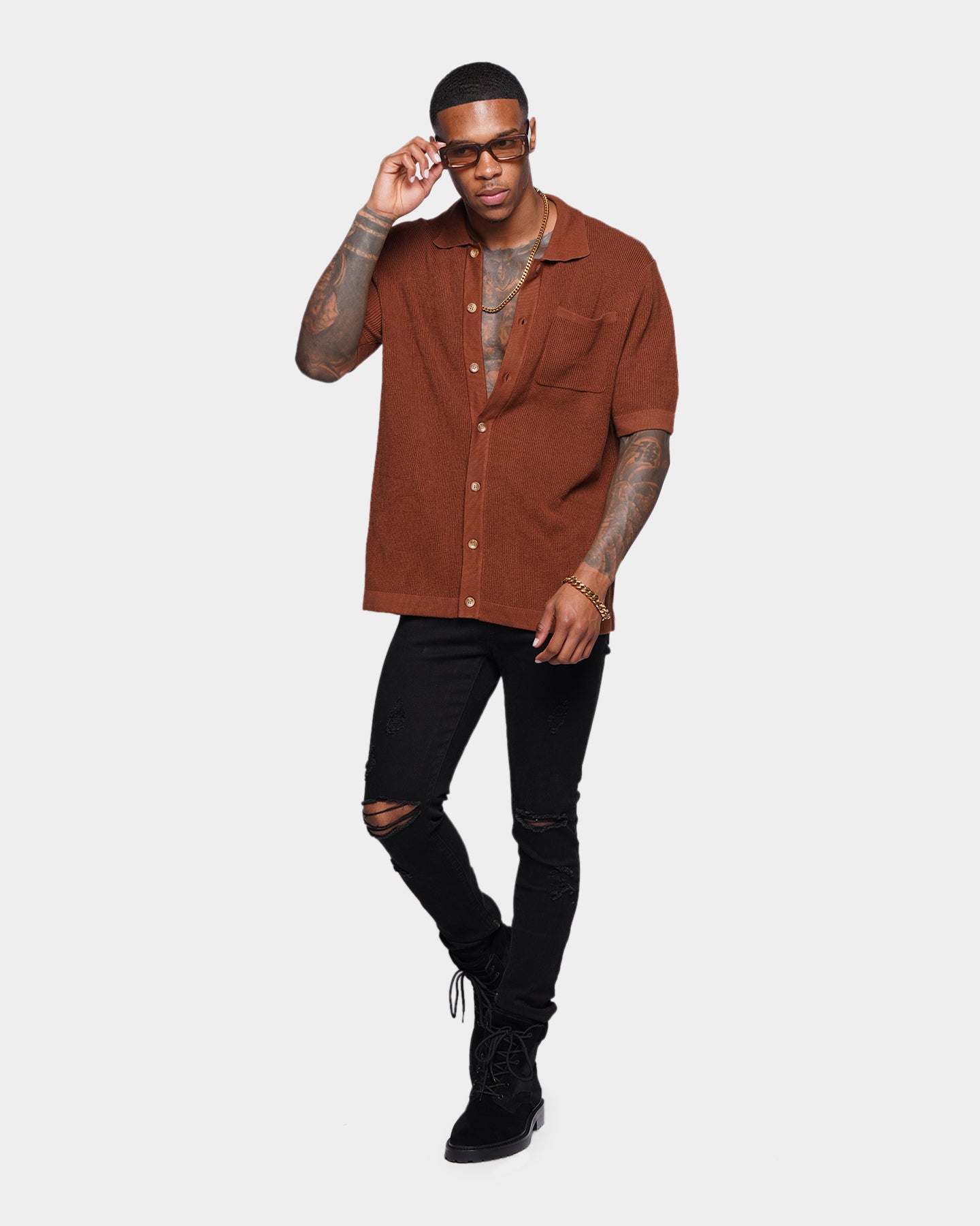 XXIII Zyair Knit Rib Button Up Shirt Brown | Culture Kings US