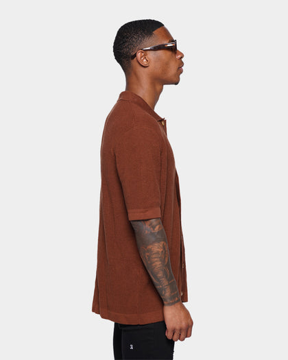 XXIII Zyair Knit Rib Button Up Shirt Brown