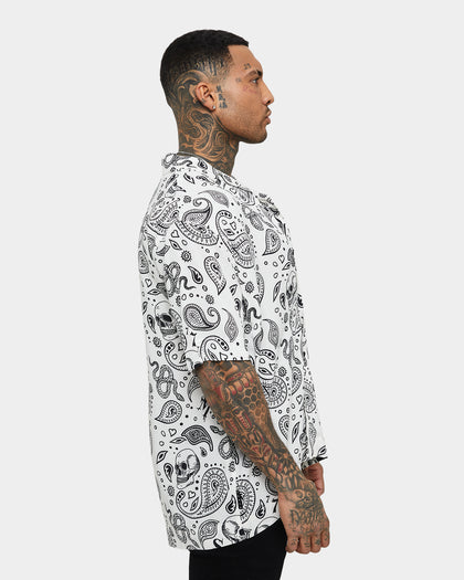 Saint Morta Paisley Skulls Short Sleeve Button Up Shirt White/Black