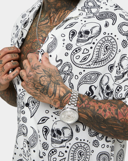 Saint Morta Paisley Skulls Short Sleeve Button Up Shirt White/Black
