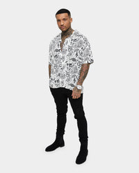 Saint Morta Paisley Skulls Short Sleeve Button Up Shirt White/Black