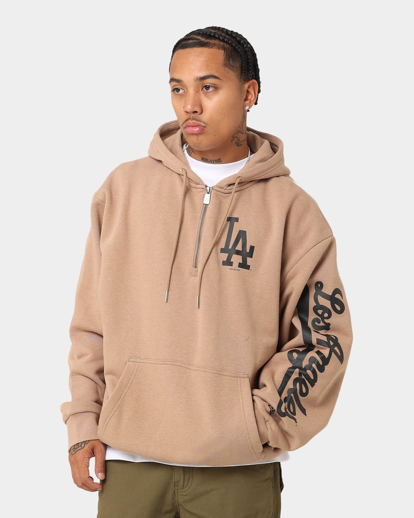New Era Los Angeles Dodgers Quarter Zip Sleeve Script Hoodie Khaki