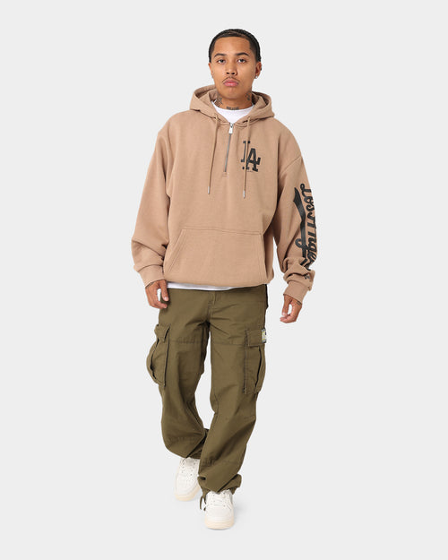 New Era Los Angeles Dodgers Quarter Zip Sleeve Script Hoodie Khaki/Black