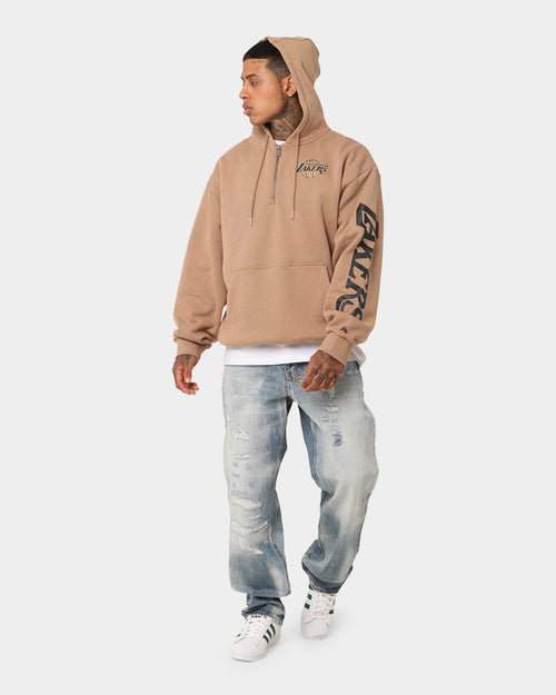 New Era Los Angeles Lakers Quarter Zip Sleeve Script Hoodie Khaki/Black