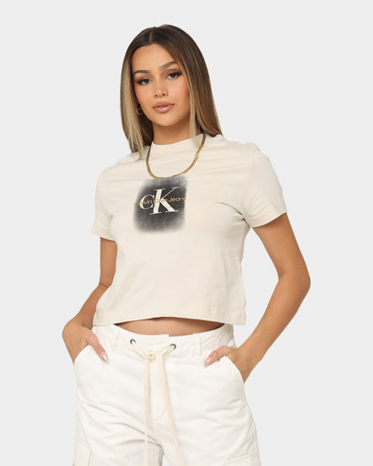 Calvin Klein Women's Spray Monologo Baby T-Shirt Eggshell