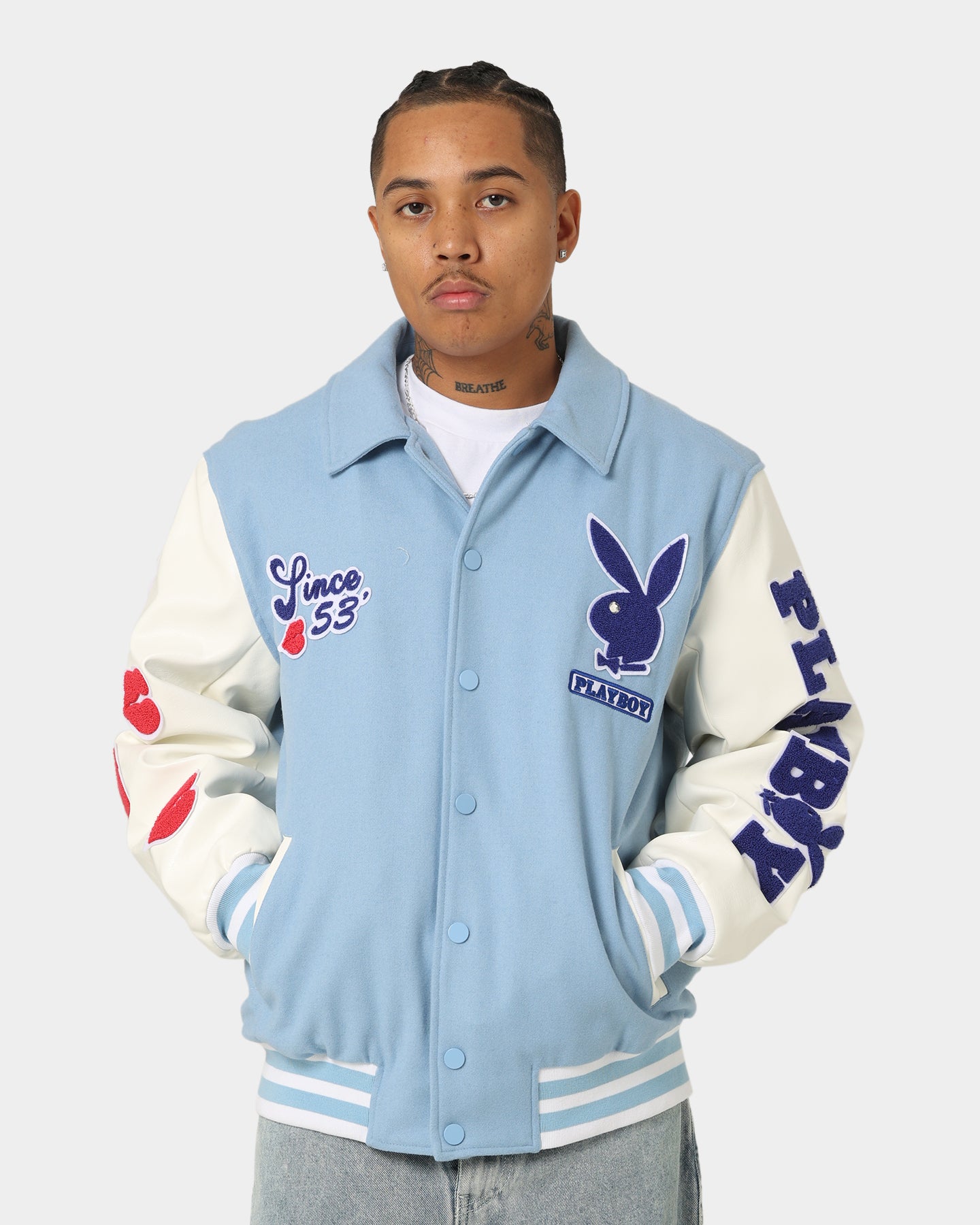 Playboy By CK Team Varsity Jacket Blue/Off White | Culture Kings US