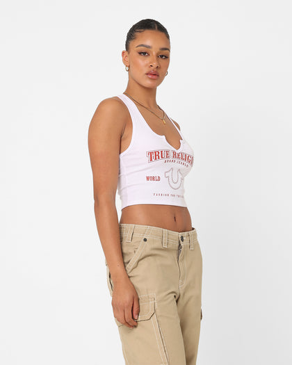 True Religion Women's  Arched Logo V Notch Tank Top Optic White