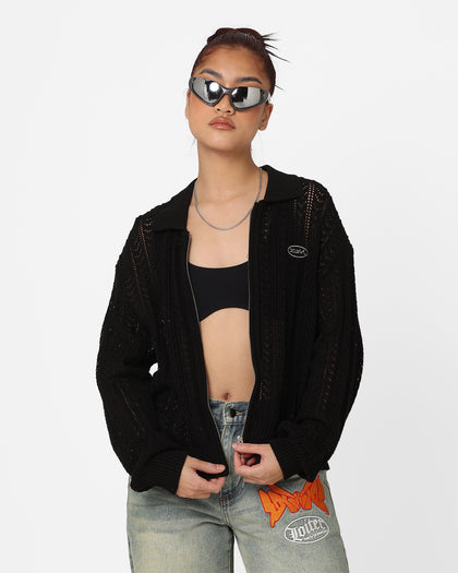 X-Girl Women's Crochet Double Zip Cardigan Black