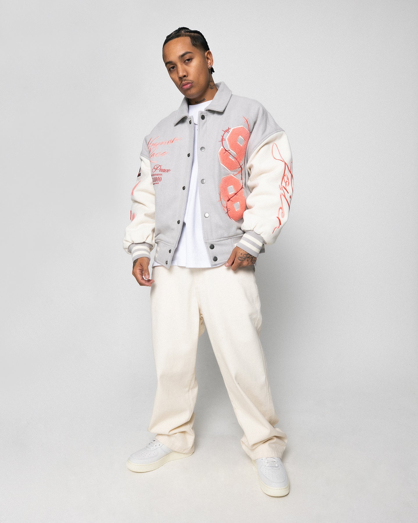 Loiter Flower Varsity Jacket Light Grey/Off White | Culture Kings US