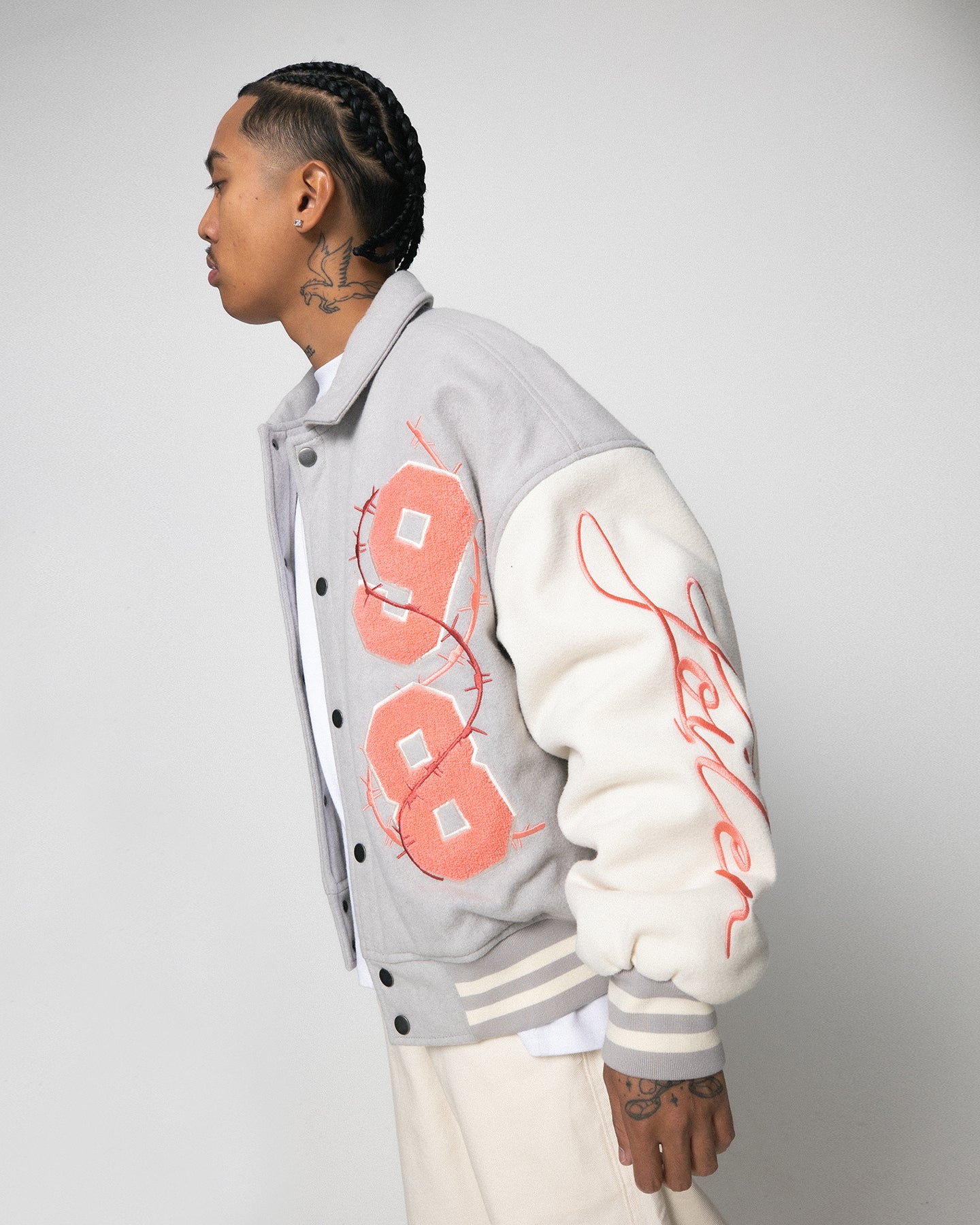 Loiter Flower Varsity Jacket Light Grey/Off White | Culture Kings US
