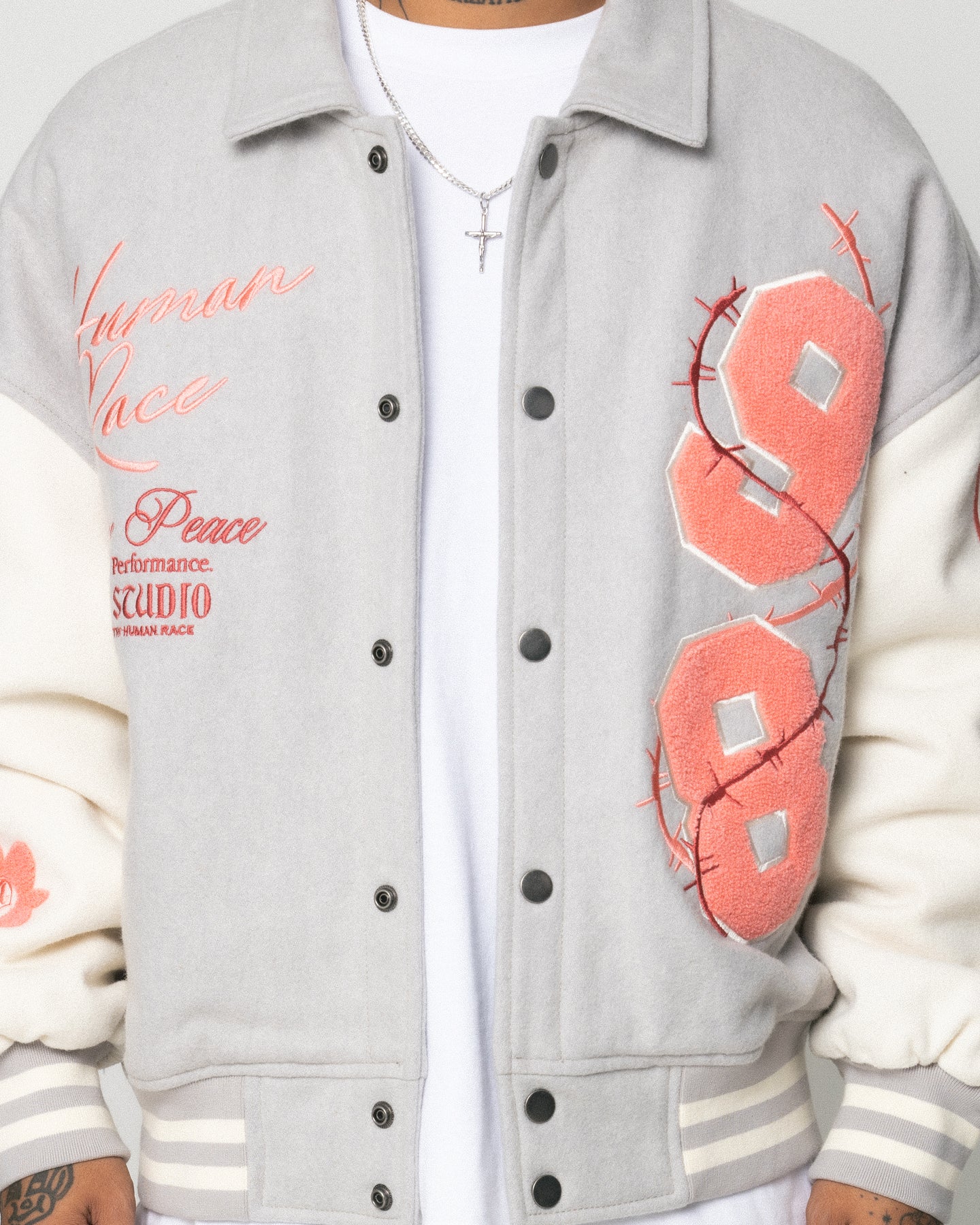 Loiter Flower Varsity Jacket Light Grey/Off White | Culture Kings US