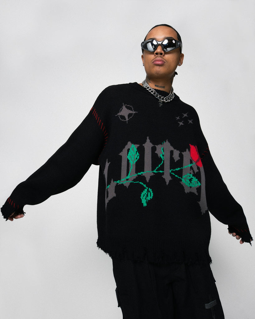 Loiter Fable Distressed Knit Sweater Black | Culture Kings US