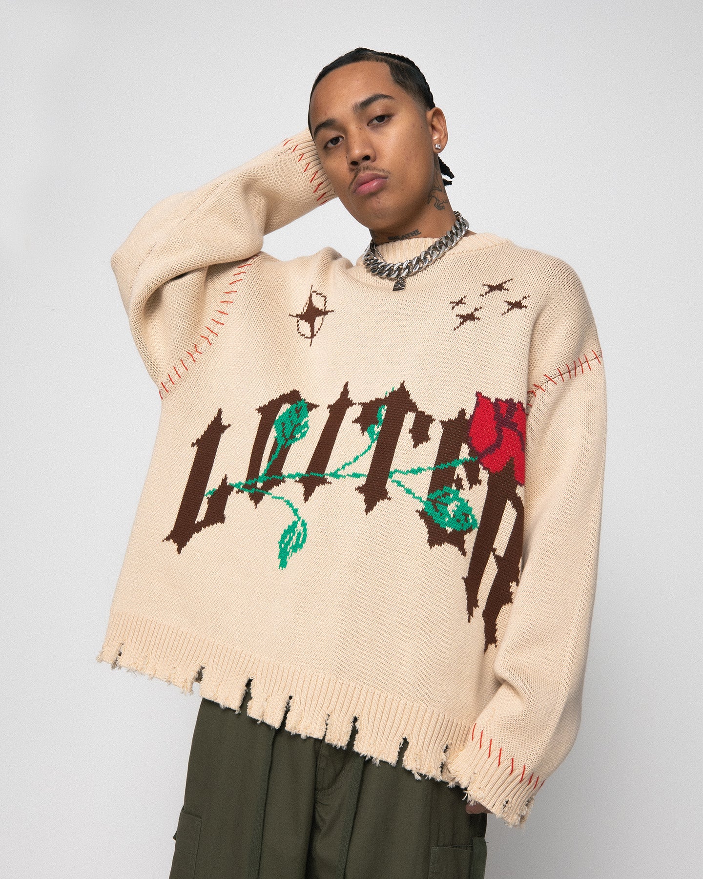 Loiter Fable Distressed Knit Sweater Stone | Culture Kings US