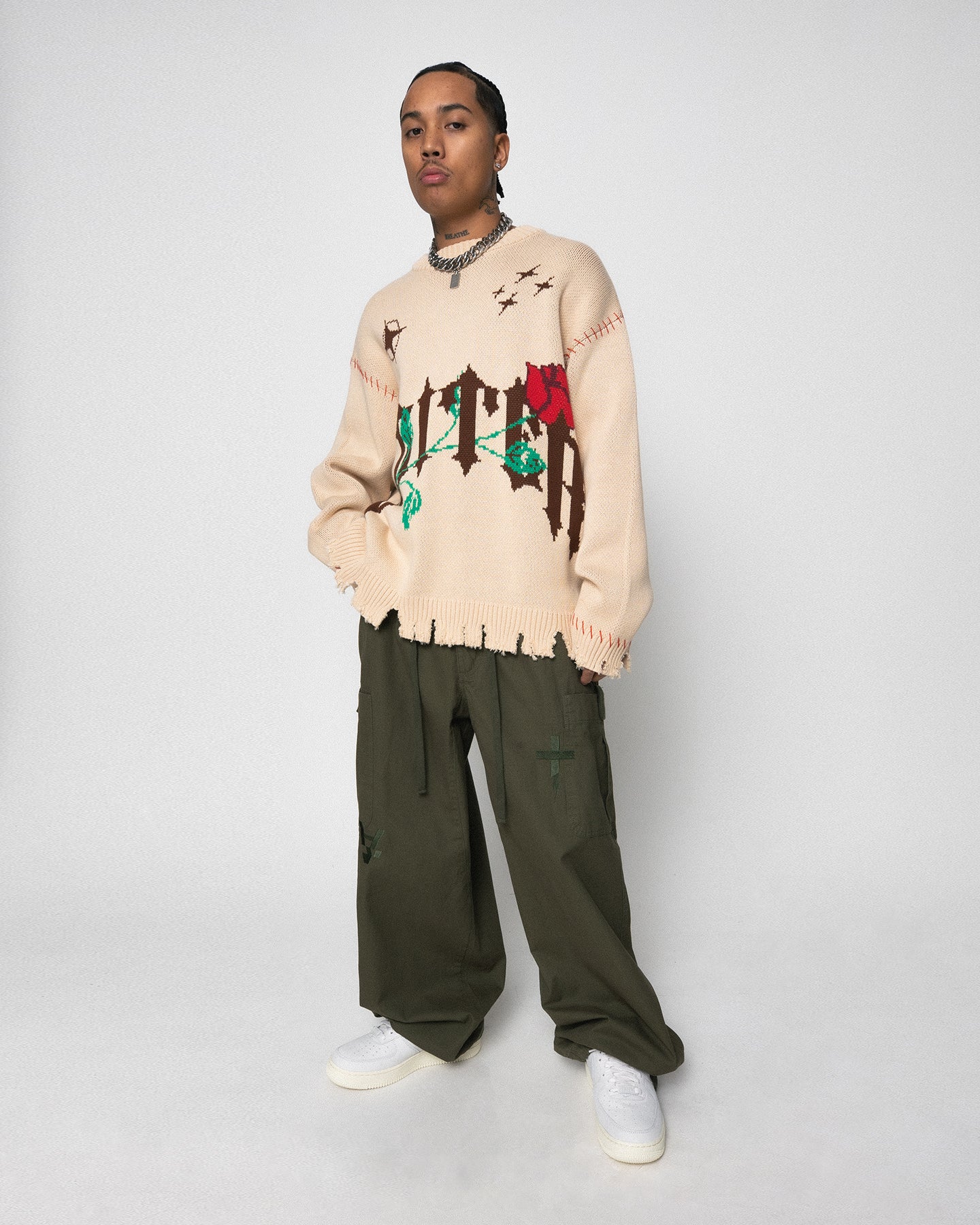 Loiter Fable Distressed Knit Sweater Stone | Culture Kings US