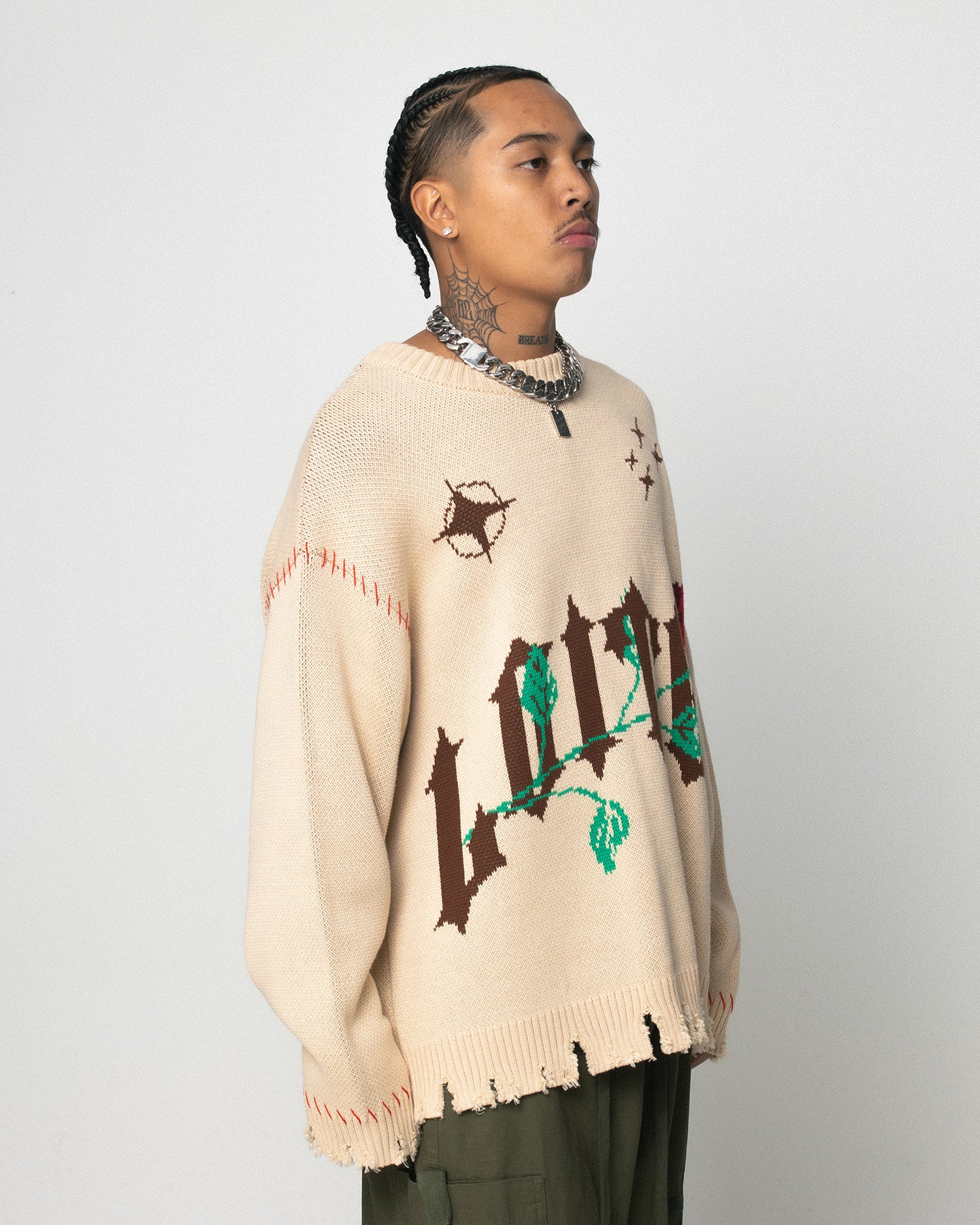 Loiter Fable Distressed Knit Sweater Stone | Culture Kings US