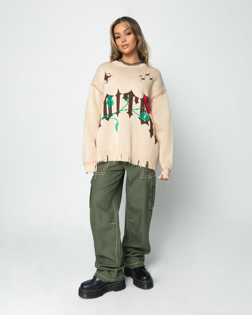 Loiter Fable Distressed Knit Sweater Stone