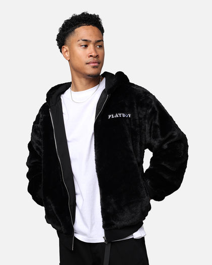 Playboy By Culture Kings Full Zip Faux Fur Bunny Hoodie Black