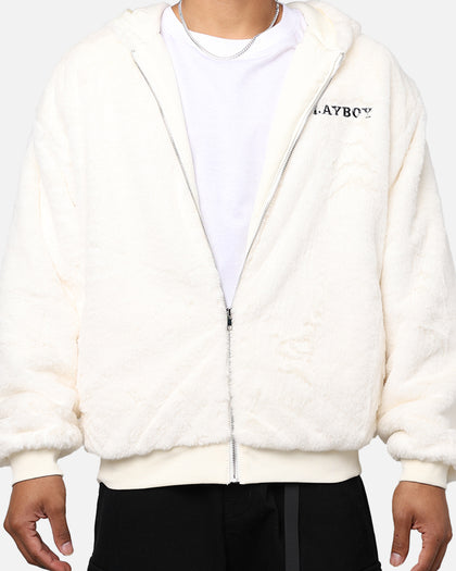 Playboy By Culture Kings Full Zip Faux Fur Bunny Hoodie Off White