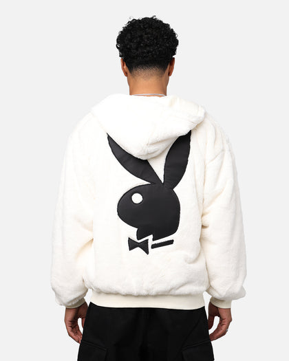 Playboy By Culture Kings Full Zip Faux Fur Bunny Hoodie Off White