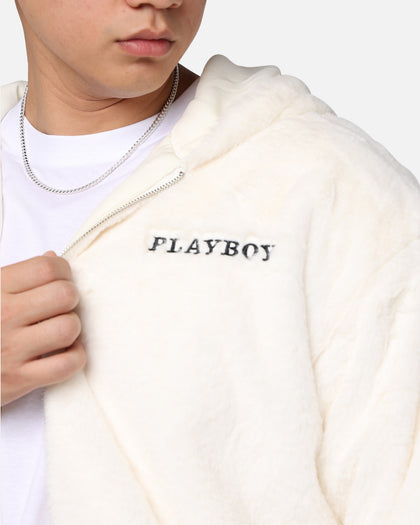 Playboy By Culture Kings Full Zip Faux Fur Bunny Hoodie Off White